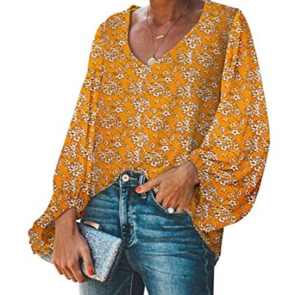 Tops - Belongsci golden yellow balloon sleeve v neck boho blouse